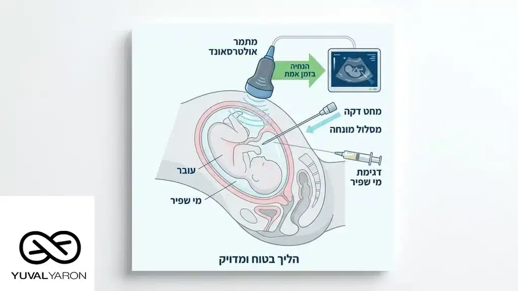אחרי הפסקה המסבירה מהי בדיקת מי שפיר (אמניוצנטזיס) וכיצד היא מבוצעת תחת אולטרסאונד. בדיקת מי שפיר (אמניוצנטזיס)